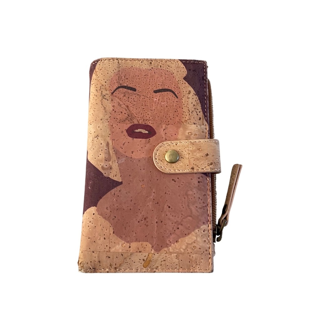 Cork Bifold Wallet Womens Small Tan Brown Abstract Face Art Sustainable Vegan